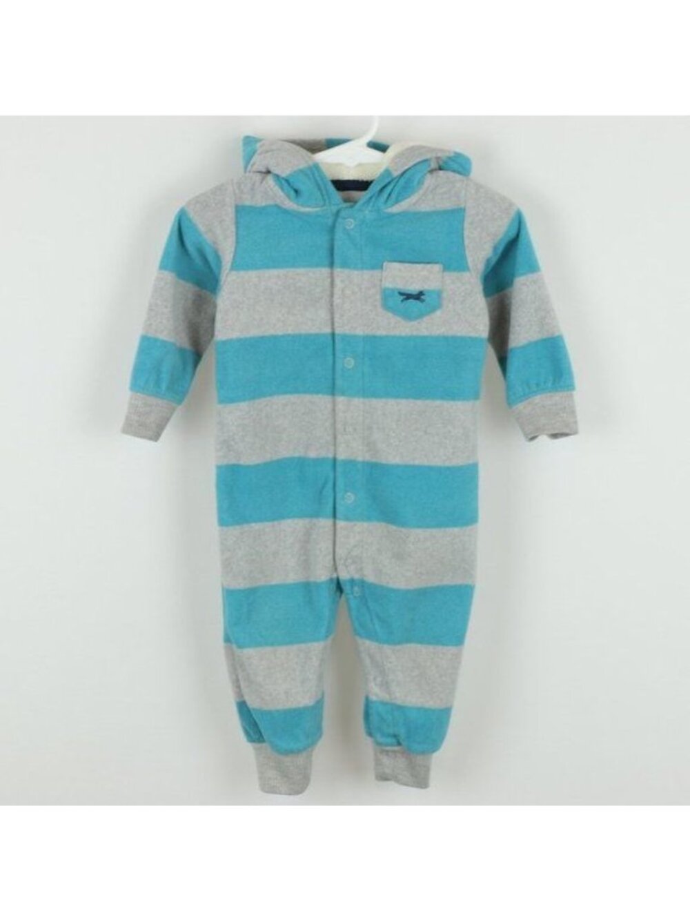 Carter's Infant 9 Months Blue Gray Striped Fleece Hooded Snap Up Winter Jumpsuit